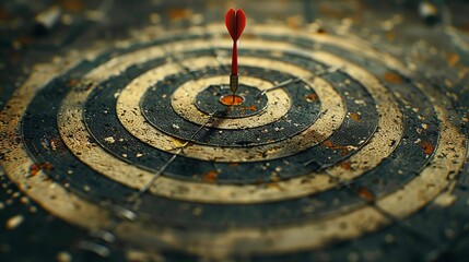 Lone dart sticks true in the center of a spiraled target on a muted surface