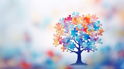 Tree with puzzle colorful leaf , palette pastel effect , white blur background wallpaper Generate AI