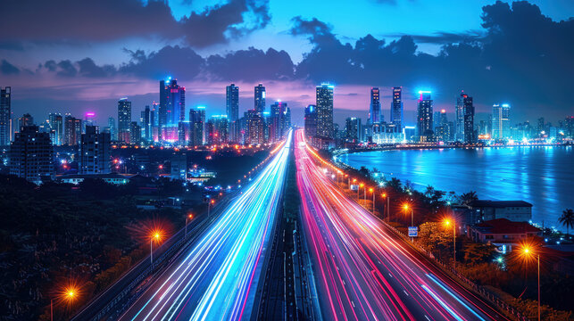 Evening cityscape, with tall skyscrapers illuminated by white and blue lights. The long exposure technique highlights the movement of cars on a multi-lane highway, leaving colorful glowing trails.