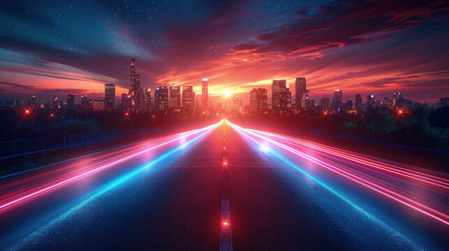 Evening cityscape, with tall skyscrapers illuminated by white and blue lights. The long exposure technique highlights the movement of cars on a multi-lane highway, leaving colorful glowing trails.