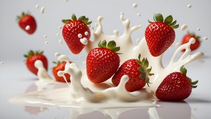high detailed 8k strawberries falling in to milk close up 