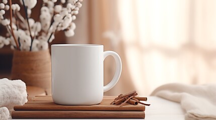 Cup of coffee on wooden table. - obrazy, fototapety, plakaty