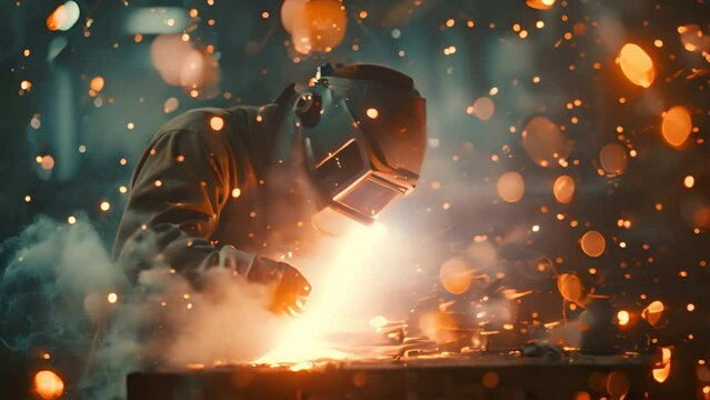 Worker arc welding with sparks