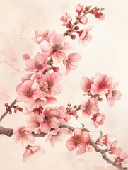 Chinese watercolor painting of a  cherry blossom branch with light pink flowers 

