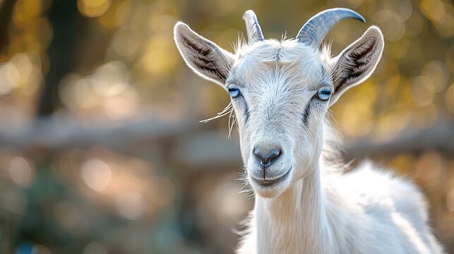 An image of a blue-eyed goat facing front.