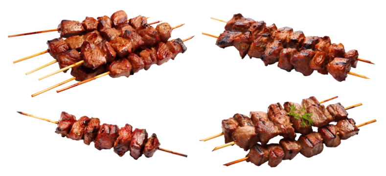 Set of delicious grilled kebabs on skewers, cut out