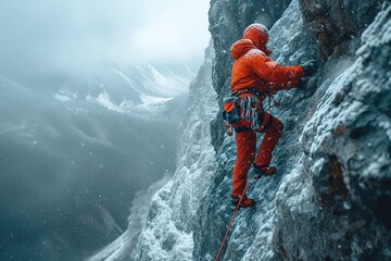 A mountain rescue team member rappelling down a rocky cliff to reach an injured climber, surrounded by sheer drops - obrazy, fototapety, plakaty