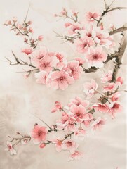 Chinese watercolor painting of a  cherry blossom branch with light pink flowers 

