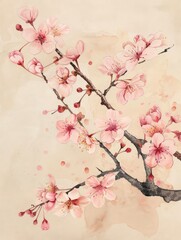 Chinese watercolor painting of a sakura branch with light pink flowers.
