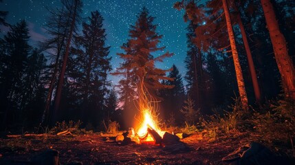 a camping fire in the forest under the stars in a summer day