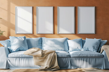 An airy Scandinavian living room with a sky blue sofa set against a warm cinnamon wall. Four blank empty mock-up poster frames