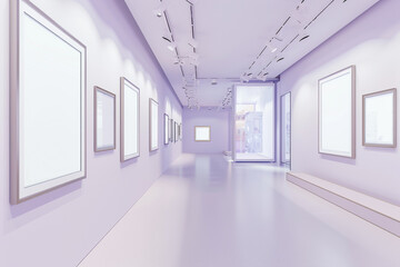 An airy white art gallery with walls covered in a delicate lavender shade, showcasing empty pewter frame mock-up posters. 