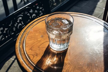 a glass of water on table in a coffee shop or restaurant