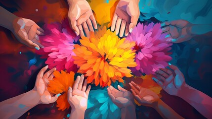  group of small children's hands Rainbow color wallpaper background Generate AI - obrazy, fototapety, plakaty