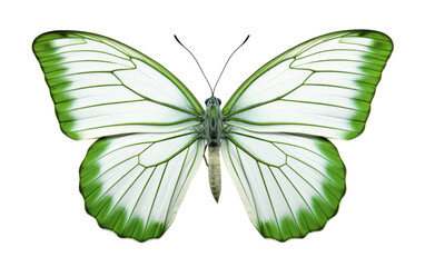 A vibrant green and white butterfly gracefully rests on a pure white background