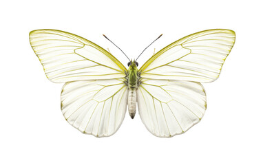 A delicate white butterfly gracefully flutters against a pure white background