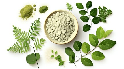  Botanical Moringa leaves and natural health medicine powder , white background Generate AI