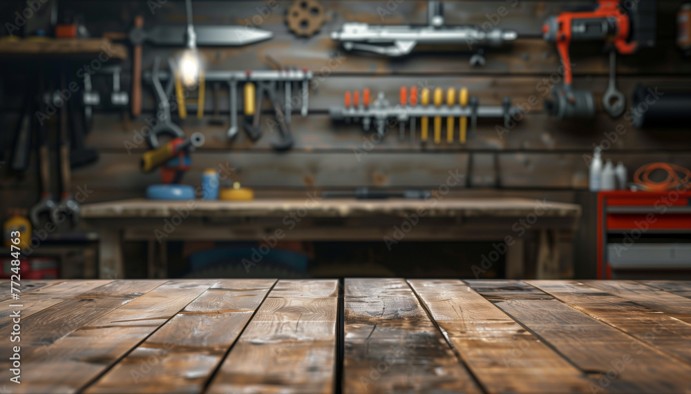 Wall mural wooden table with garage tool background