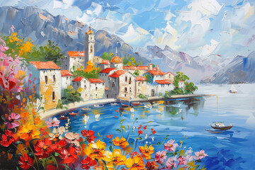 beautiful oil painting of an old mediterranean european town - obrazy, fototapety, plakaty
