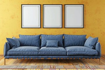 An inviting Scandinavian living room with a denim blue sofa set against a sunflower yellow wall. Four blank empty mock-up poster frames 