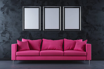 A bold Scandinavian living room with a hot pink sofa against a jet black wall. Three empty mock-up poster frames in a silver metallic finish add a futuristic touch above the sofa. 