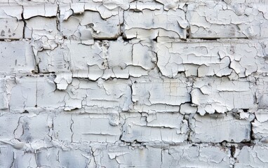 A textured segment of a white brick wall with extensive paint peeling and visible cracks, epitomizing decay.