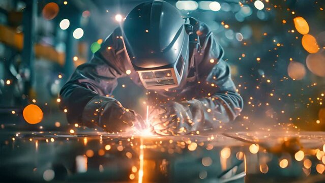 Worker arc welding with sparks, transitioning into a sleek digital interface