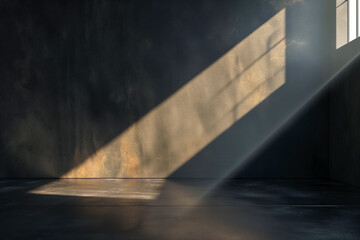 shining light through window of an empty aged room, dark background