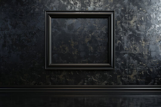 A chic art gallery featuring a glossy black wall, with an empty, matte black frame. The interplay of textures between the frame and wall creates a visually striking effect.