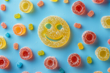 Dynamic Yellow Smiley Face Made of Gum Candies on Light Blue Background - Powered by Adobe