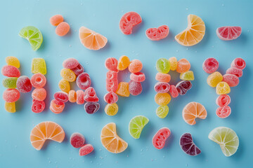 Happy Typography with Fruit Gum Candies on Light Blue Background