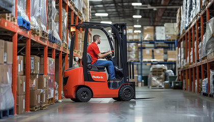 Warehouse employee driving forklift