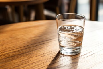 close up view of a cup of water over table in a coffee shop or a restaurant