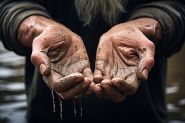 A person holding out their hands to catch raindrops, showcasing the desperation for water in a drought-stricken environment - obrazy, fototapety, plakaty