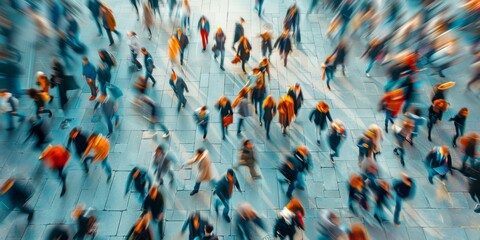 ariel view of a blurred crowd of people walking