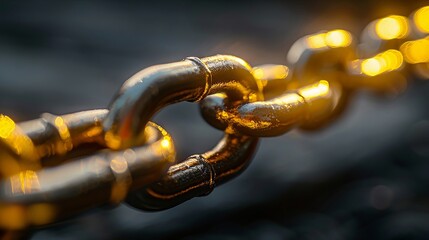 Metallic chain links with a singular golden one symbolize strong connections - obrazy, fototapety, plakaty