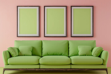 A lively Scandinavian living room featuring a lime green sofa against a blush pink wall. Three empty mock-up poster frames 