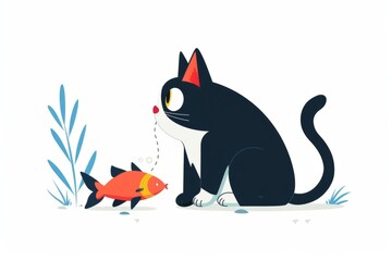 flat vector cute cat and fish isolated on white background