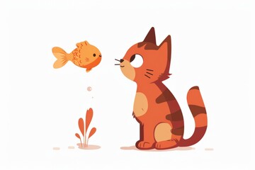 flat vector cute cat and fish isolated on white background