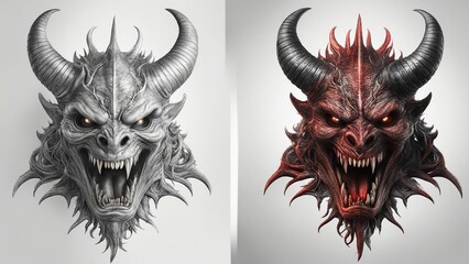 red devil mask T-shirt design with demon monster head on white background. 