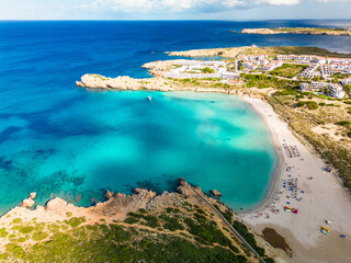 Areal drone view of Arenal de Son Saura beach at Menorca island, Spain - 772485922