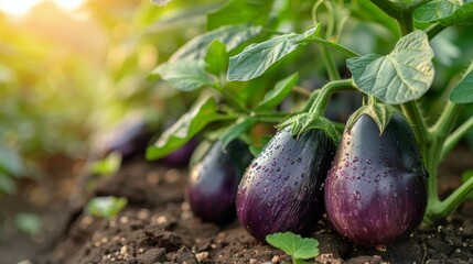 Row of Purple Eggplant Plants - obrazy, fototapety, plakaty