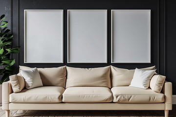 A minimalist Scandinavian living room featuring a beige sofa against a charcoal black wall. Three empty mock-up poster frames in a pure white finish offer a striking contrast 
