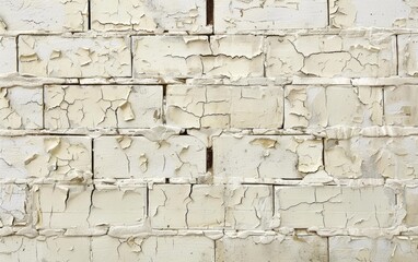 Fototapeta premium Wide view of an old white brick wall with substantial paint peeling, emphasizing the texture and pattern.