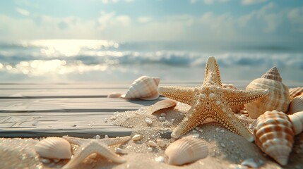 Wooden planks set on sandy beach with starfish and seashells under soft daylight