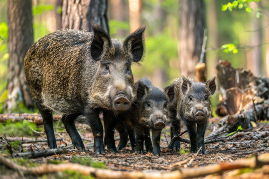 Wild boar family with baby in the forest.