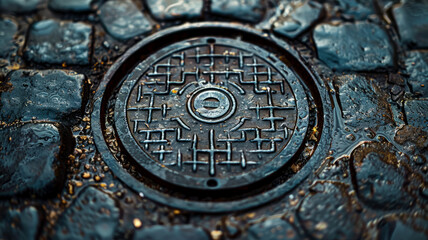A wet manhole cover on a cobblestone street