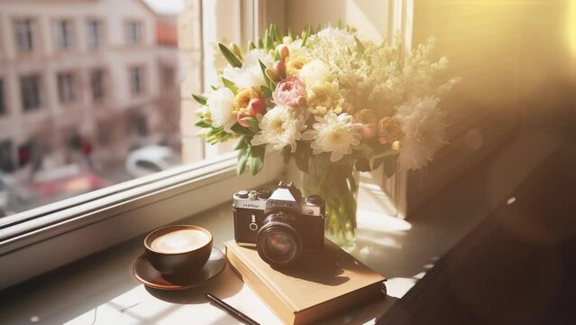A spring flower bouquet in front of windows in a cozy vintage room on a sunny day, a giftbox, a teddy bear, a book, and a cup of coffee standing on the window, city and garden background photo