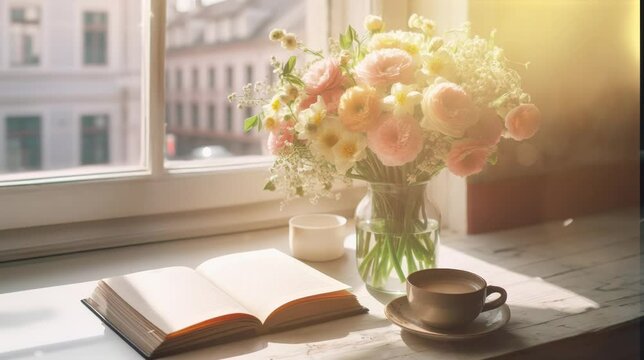 A spring flower bouquet in front of windows in a cozy vintage room on a sunny day, a giftbox, a teddy bear, a book, and a cup of coffee standing on the window, city and garden background photo
