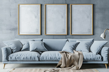 A refreshing Scandinavian living room with an ice blue sofa set against a dove grey wall. Three blank mock-up poster frames in a light oak finish are elegantly displayed above the sofa, 